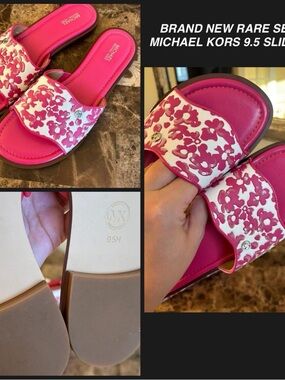 New Michael Kors Hot Pink and White Dragonfruit Sequin Floral Slide Sandals $199